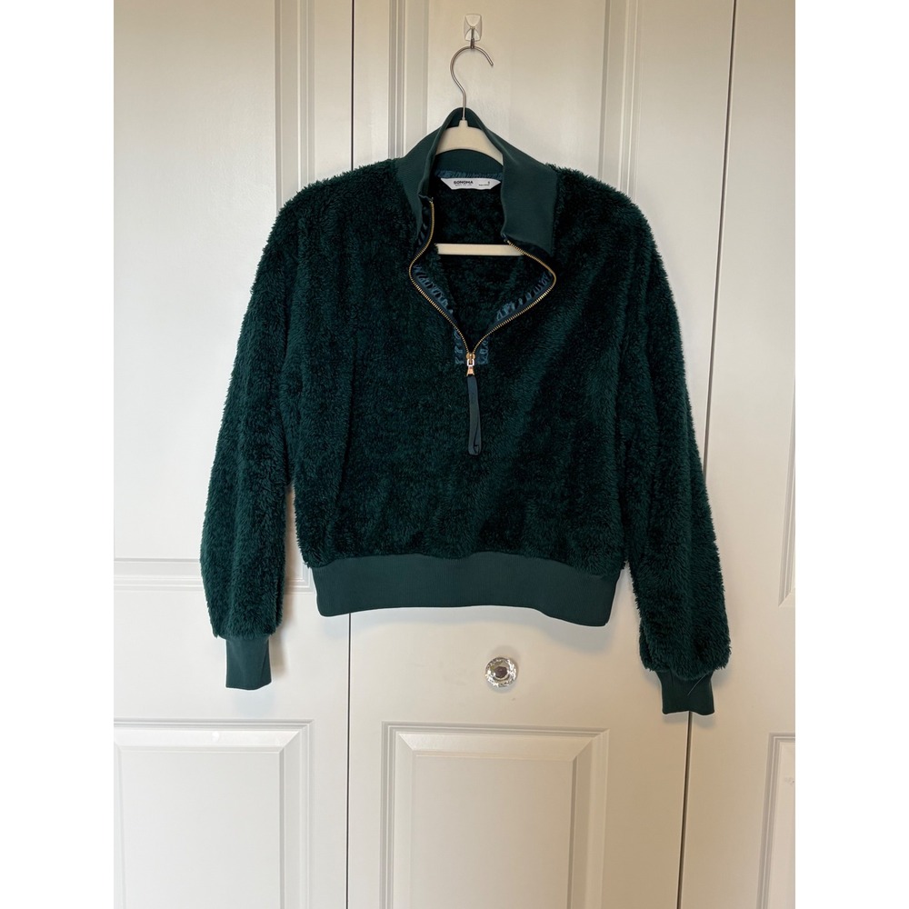 Sonoma Goods For Life Womens Small Emerald Green Faux Fur Quarter Zip Pullover